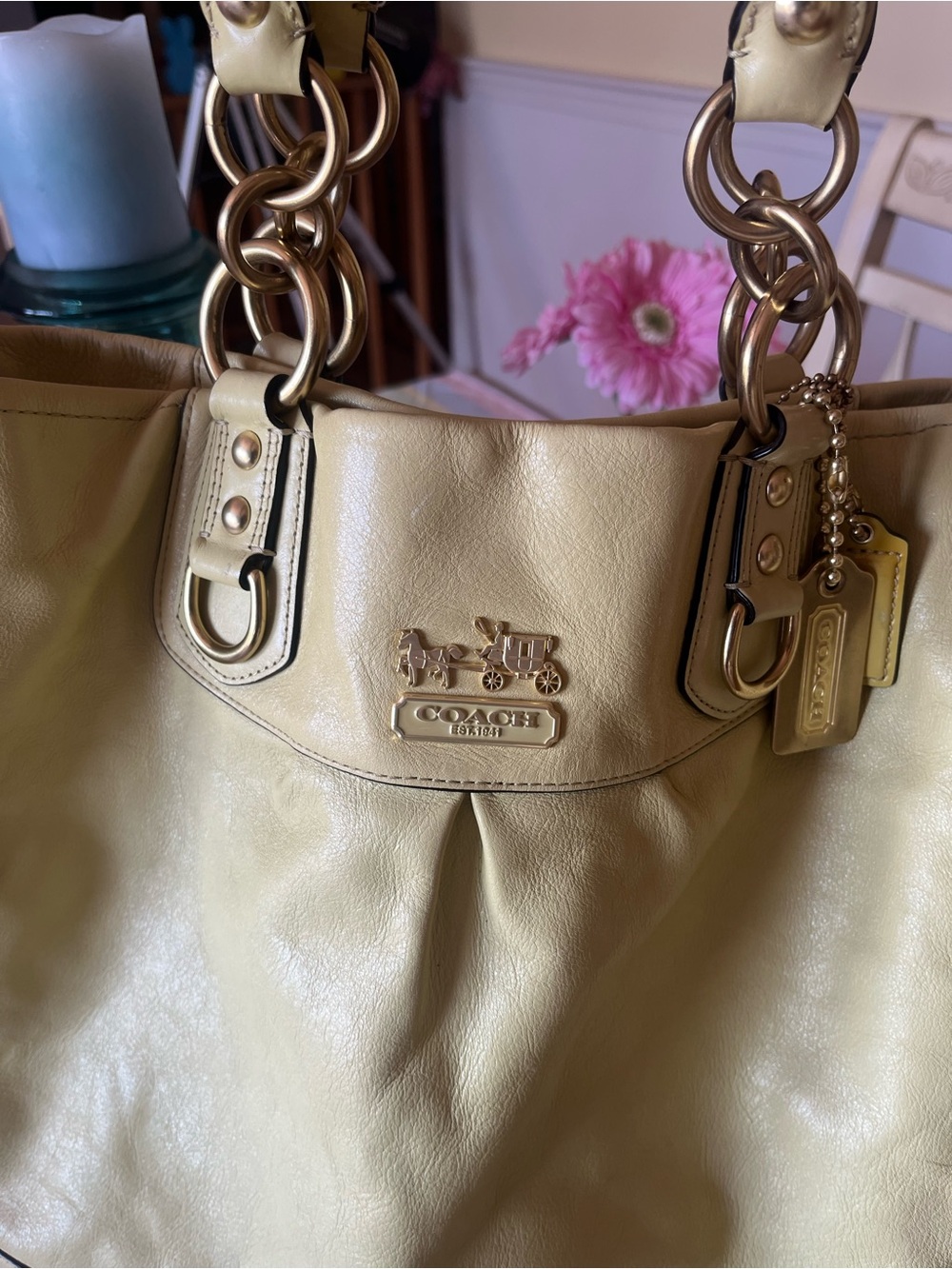 Coach Pale Yellow Pebbled Leather Shoulder Bag with Gold Hardware